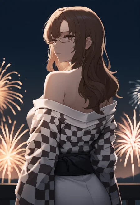masterpiece, best quality, newest, anime, from behind, solo, 1girl, k1ryu, expressionless, looking back, long hair, brown hair, brown eyes, glasses, japanese clothes, white kimono, checkered kimono, off shoulder, black sash, bare shoulders, outdoors, night, fireworks
<segment:yolo-face_yolov8m.pt,0.4,0.5//cid=1>