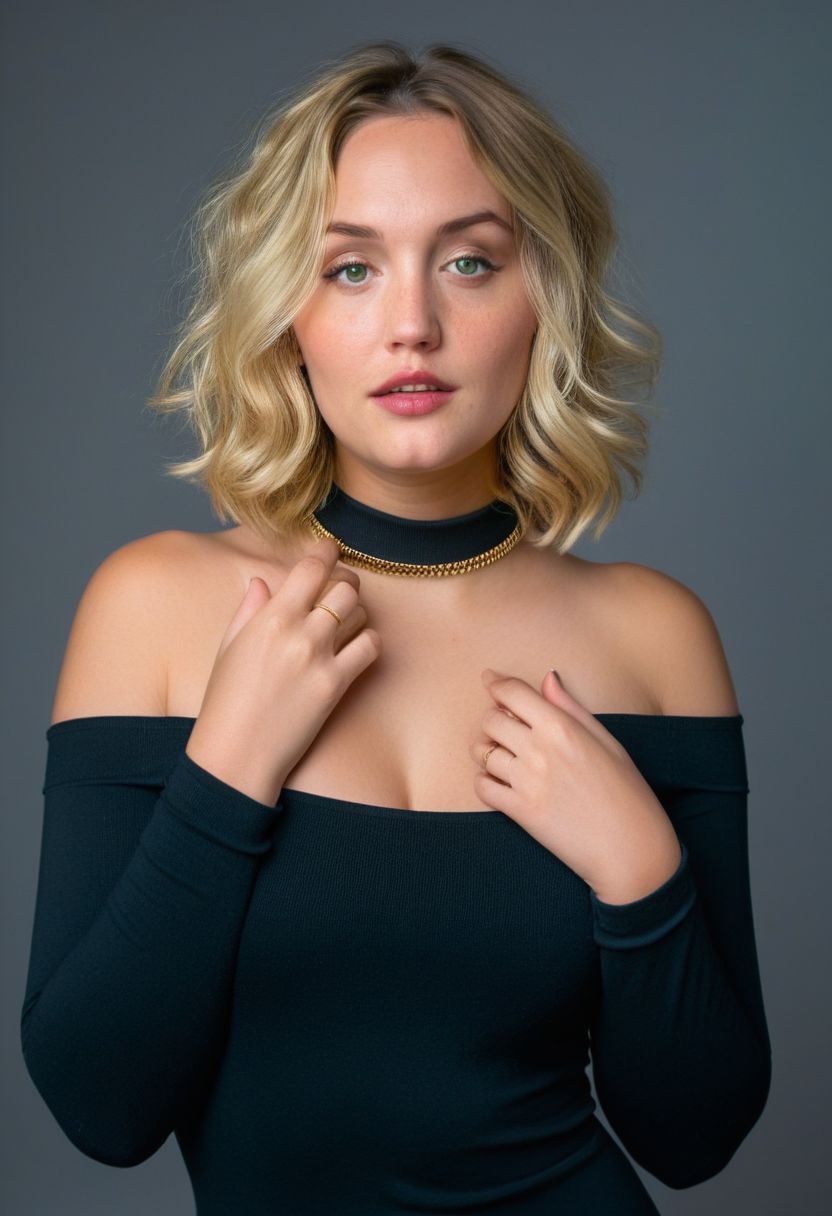 ASCII score_9, score_8_up, score_7_up, source_photo, realistic,
1girl, solo, 21yo, Australian girl, freckles, large lips, beautiful eyes, (green eyes), blonde hair, short curly hair, large breasts, fit girl, tan skin,
((sexy sweater dress, black dress, long sleeves, bare shoulders)), ((gold choker, bracelets, anklets)),
(simple blurred background, depth of field), ((naughty expression, looking at viewer, sexy pose, hands behind head, from side, dynamic angle)),
erotic, elegant, sensual, seductive, bright colors, high contrast, dark background, vivid lighting,
zPDXL,