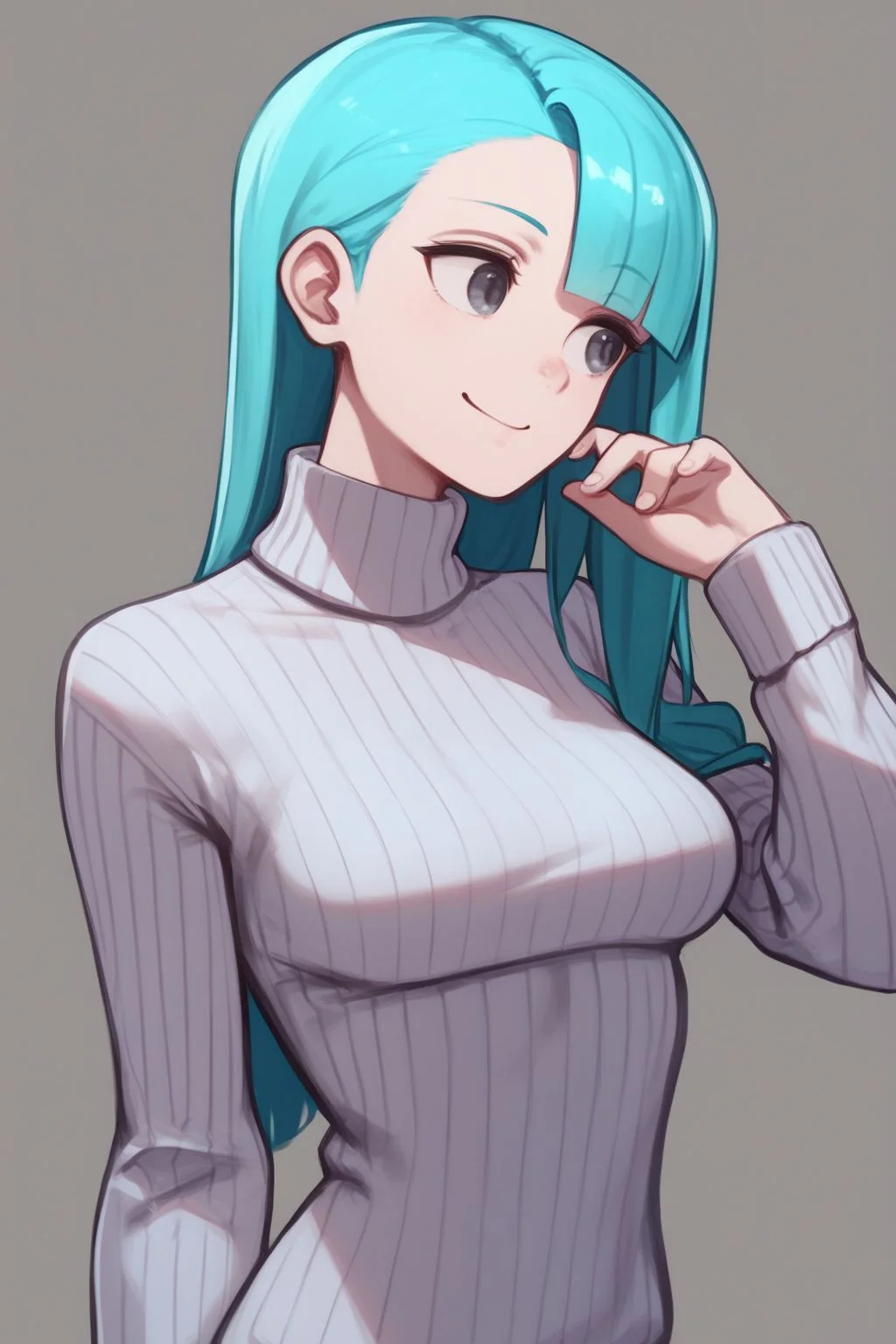 score_7_up, high resolution, 1girl, looking away, pinky out, smile, aqua hair, oseledets, asymmetrical bangs, dark grey eyes, medium breasts, light blue ribbed sweater <lora:kuroboshi_kouhaku_PonyXL_style_v01.09:1>
