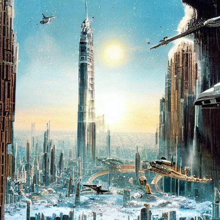 ralph-mcquarrie style, greek architecture done in a sci-fi style on a beautiful forest and meadow scene with tall buildings and open green spaces, oil painting, beautiful, highly detailed