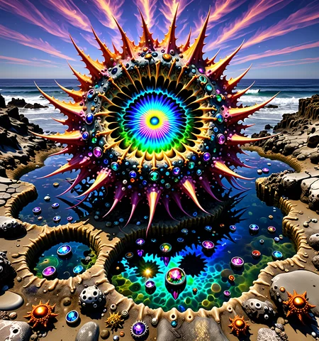 helios, famous artwork inspired by (alan pollack:1.2) and (warren mahy:1.1) and (terese nielsen:1.3), (fractal art:0.8), in the huggeling tide pools of the vast oceans on planet "quizznof ii", a diminutive, spiky-shelled creature with (colorful jewel-like iridescence:1.6), the "serious enderpandler", explores the otherworldly tide pools, hunting for norbsemblic murglewhammer, (Use Dream Diffusion Secret Prompt) <lora:helios2:1>