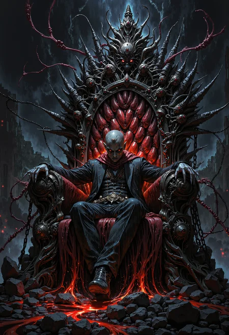 Dripping blood, glowing red eyes, broken chains, eerie mist, decayed throne <lora:FluxMythP0rtr4itStyle.safetensors:0.65>,  <lora:Elden_Ring_-_Yoshitaka_Amano.safetensors:0.35>,  <lora:midjourney_whisper_flux_lora_v01.safetensors:0.5>,  <lora:zhongfenghuaStyle_FLUX_ Lora.safetensors:0.85>,  <lora:Midjourney_-_SemiReal_Dreams_FLUX_LoRA.safetensors:0.5>,