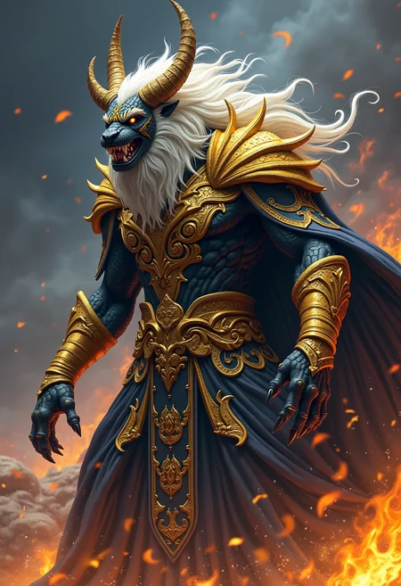 high quality, highly detailed, colorful, abstract, fantasy, fantasy background, The image is a realistic photo of a mythical creature with a fierce expression. The creature appears to be a warrior, with a large, muscular body and sharp claws. It is wearing a long, flowing robe with intricate patterns and designs. The robe is black with gold accents, and it is covered in a thick layer of gold. The creature has two large horns on its head, which are pointed and pointed at the top. The horns are covered in white hair, which is flowing in the wind. The hair is also covered in gold, giving the creature a regal and powerful appearance. The background is a dark, cloudy sky with orange and yellow flames surrounding the creature, creating a dramatic and intense atmosphere. The overall color palette of the image is predominantly black and gold, with hints of blue and purple. The image conveys a sense of power and strength, as if the creature is ready for battle., Fine-Cut Glass<lora:FLUX\Enhancer\MysticFantasy.safetensors:0.8:0.8> <lora:FLUX\Enhancer\flux_vividizer.safetensors:0.8:0.8> <lora:FLUX\Style\Fine-Cut_Glass_Flux.safetensors:0.6:0.6>