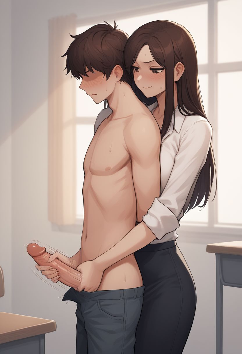score_9, score_8_up, score_7_up, straight, 1boy and 1girl, classroom, (hot smug girl long hair) standing behind (very short nervous boy), (woman behind (boy with his hands behind his back)), (woman performing reach around handjob on boy):1.6, fully clothed, large penis, (age difference):1.2, (smug short aunt) giving (reach-around handjob, handjob from behind) to (shorter anxious son), (handjob motion lines):1.7, textured skin, long hair, cold breath, sweating, duo focus, (pretty woman) behind boy, (cute naked (extremely petite) submissive boy):2.0 with huge penis, (impressed proud girl) performing (reach-around handjob with one hand) on (scared begging nervous naked (boy with half open eyes)), masterpiece, looking down at large penis, full body visible, body focus, pretty eyes, good eyes, side view