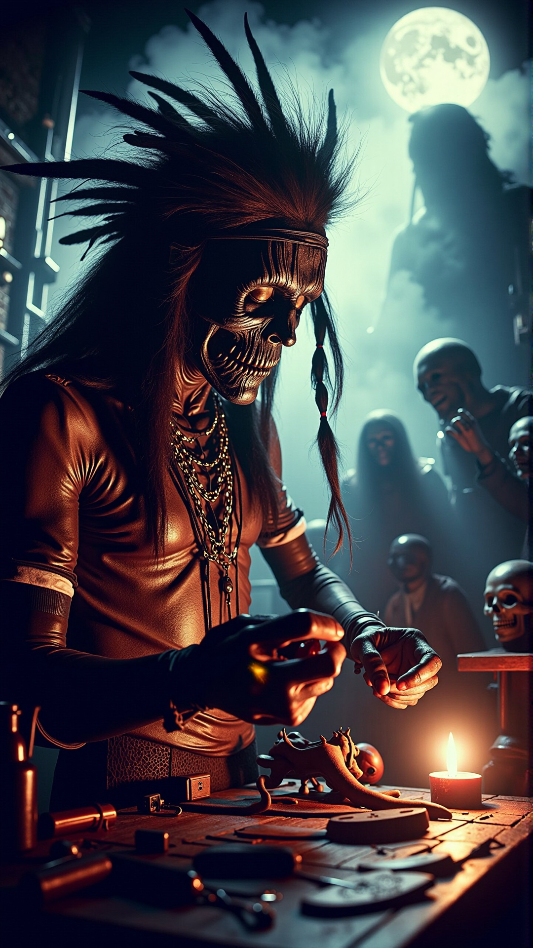A realistic photo of a halloween a native-american scientist researching alien technology in a technologically advanced city<lora:DarkmosphericFlux:1>
