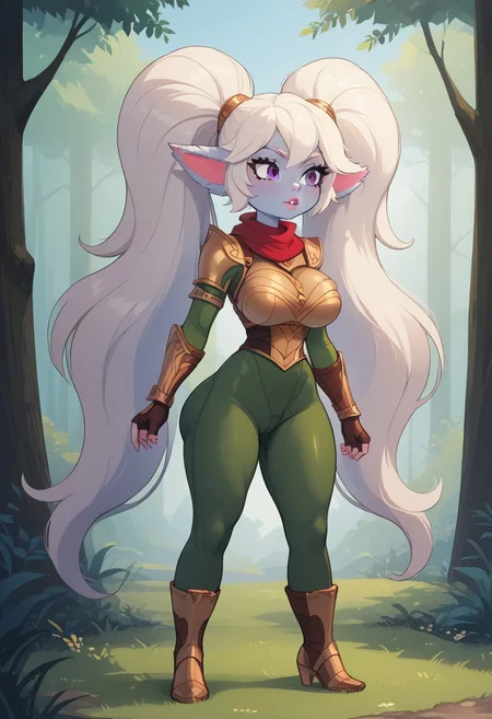 score_9,masterpiece, high quality,ultra detailed eyes,best quality,detailed eyes, beautiful, detailed background, perfect eyes,source_anime, very aesthetic, anime screencap, anime coloring,source_furry,Expressiveh,
1girl,solo,standing
tall girl,Poppy,lol,yordle,colored skin, blue skin,glossy skin, glossy body,deep skin,white hair,absurdly long hair,twintails,fluffy hair,fluffy ears,purple eyes,toned, long eyelashes,
perfect lips,(curvy:1.1), perfect naturally huge breast,huge thighs, perfect round huge ass,toned ass long legs, perfect ratio proportioned face, curvy shape, hourglass body, perfect waist to hip ratio, perfect female body,(perfect female hands:1.1),(perfect female legs:1.1),
pink lipstick,pink manicure,golden armor, red scarf,green snakeskin shirt, green snakeskin pants, brown boots
simple background,forest,