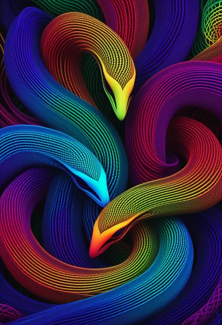 An Abstract surreal demon Portrait Made of intertwining snakes, weaving over and under each other throughout the frame, emphasis effect, moire effect, awash in colorful shades, seamlessly extends the lines,