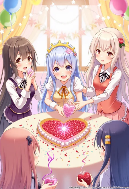 masterpiece, best quality, highly detailed, score_9, score_8_up, score_7_up.
Vibrant, colorful scene
Group of anime waifus in distinct outfits
Heart-shaped table with confetti, streamers, and balloons
One waifu handing a glittering gift to another
Third waifu holding a sparkling pink drink, toasting
Playful decorations: oversized plushies, twinkling fairy lights
Warm, festive atmosphere filled with smiles and laughter