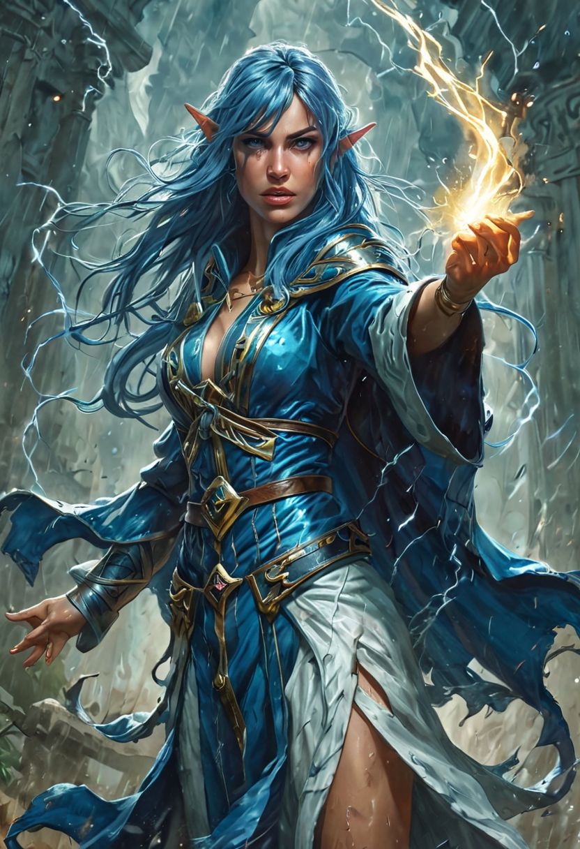 Full body shot of elf storm mage, elf ears, gorgeous, woman, fantasy, long electric blue hair with fringe bangs, blue and silver mage robes, large white eyes, face focus, yelling, confident, magic lightning spell, subject in the rain, masterful painting in the style of Anders Zorn | Marco Mazzoni | Yuri Ivanovich, Todd McFarlane, oil on canvas, BadDream