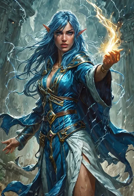 Full body shot of elf storm mage, elf ears, gorgeous, woman, fantasy, long electric blue hair with fringe bangs, blue and silver mage robes, large white eyes, face focus, yelling, confident, magic lightning spell, subject in the rain, masterful painting in the style of Anders Zorn | Marco Mazzoni | Yuri Ivanovich, Todd McFarlane, oil on canvas, BadDream