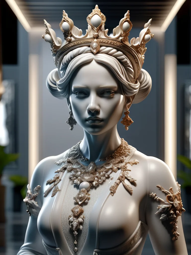 a statue of a woman with a crown on her head, featured on zbrush central, baroque dark art, zbrush central contest winner, zbrush art, trending on zbrush, trending on zbrush central, zbrush contest winner, zbrush hard surface, zbrush, catholic religious art, substance designer metal <lora:ral-porcelain-sdxl:1> ral-porcelain