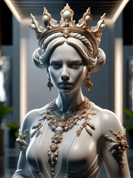 a statue of a woman with a crown on her head, featured on zbrush central, baroque dark art, zbrush central contest winner, zbrush art, trending on zbrush, trending on zbrush central, zbrush contest winner, zbrush hard surface, zbrush, catholic religious art, substance designer metal <lora:ral-porcelain-sdxl:1> ral-porcelain