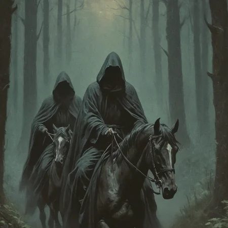 dark fantasy art style, a close-up painting of two man in dark robes with thick hoods with invisible faces were riding horses through the dense forest, muted, eerie atmosphere, grainy, painterly texture