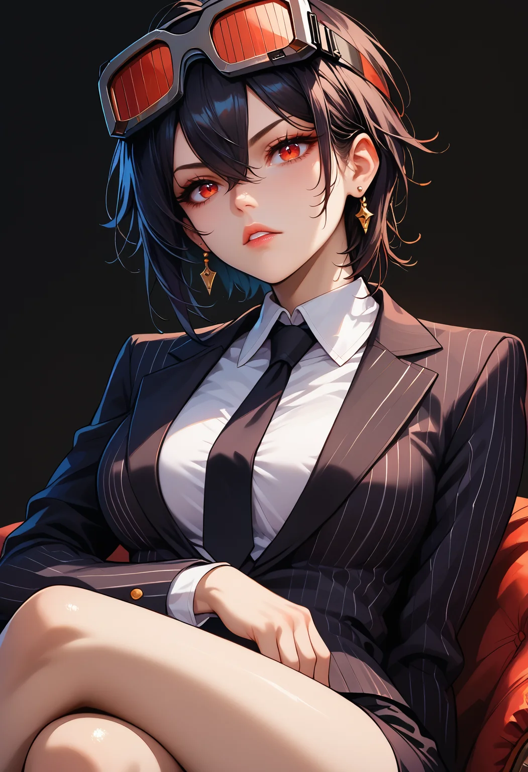 score_9,score_8_up,score_7_up,score_6_up <lora:grace_howard_zzz_pdxl_v1_goofy:1>1girl, goggles on head, hair between eyes, red eyes,black hair,large breasts,1girl, black gloves, black necktie, black skirt, black suit, breasts, buttons, collared shirt, crossed legs, earrings, eyelashes, formal, gloves, grey shirt, hair between eyes, jewelry, necktie, parted lips, pinstripe pattern, pinstripe suit, red pupils, shirt, short hair, skirt, solo, suit, black background,