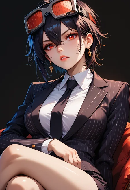 score_9,score_8_up,score_7_up,score_6_up <lora:grace_howard_zzz_pdxl_v1_goofy:1>1girl, goggles on head, hair between eyes, red eyes,black hair,large breasts,1girl, black gloves, black necktie, black skirt, black suit, breasts, buttons, collared shirt, crossed legs, earrings, eyelashes, formal, gloves, grey shirt, hair between eyes, jewelry, necktie, parted lips, pinstripe pattern, pinstripe suit, red pupils, shirt, short hair, skirt, solo, suit, black background,
