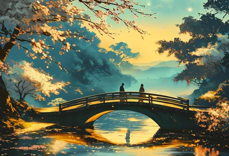 landscape shot with blue hour shot of night shot of two people walk the bridge under a large cherry blossom, in the style of atmospheric paintings, gray and aquamarine, airbrush art, dark white and dark gray, lovely, ultra quality, ultra detailed. Dark, lit, moody, mysterious. Cool light, twilight, peaceful, moody. Scenic, outdoors, grand, beautiful