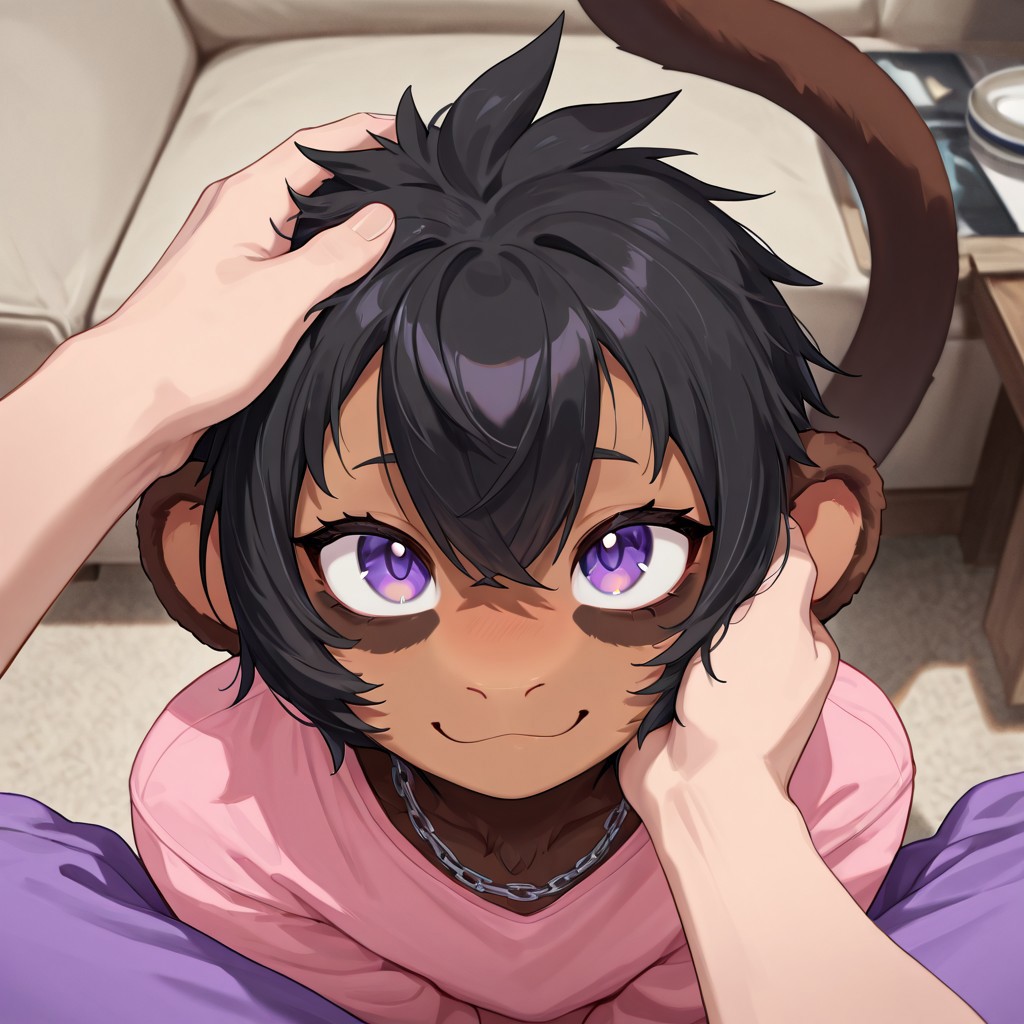 masterpiece, best quality, newest, absurdres, highres, furry, perfect anatomy, MewMewM,1girl,solo,furry,furry female,short hair,black hair,hair between eye,animal ears,purple eyes,necklace,body fur, brown fur,monkey tail, pink shirt, oversized shirt, purple pants, pajama pants, living room, couch, happy, smiling, sitting, petting cheek, petting face, looking at viewer, playful, pov, adoration, viewer petting anthro,