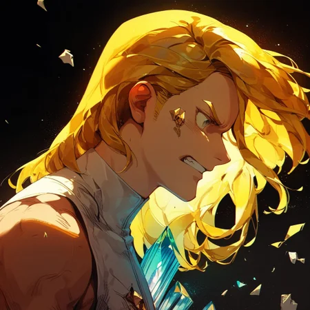score_9,score_8_up,score_7_up,score_6_up,source anime BREAK, <lora:Kenva:1.0>, knva, halftone effect, absurdres,1boy, muscular, yellow hair, crystal hair, amputee, gem, clenched teeth, cowboy shot, damaged, broken, <lora:houseki_no_kuni_artworks-000014:1>