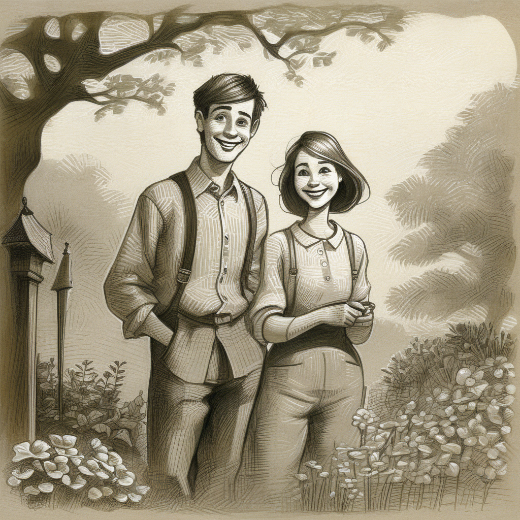 drawix5  drawing lovers, cheerful woman and young man in the garden <lora:drawix5:1>
