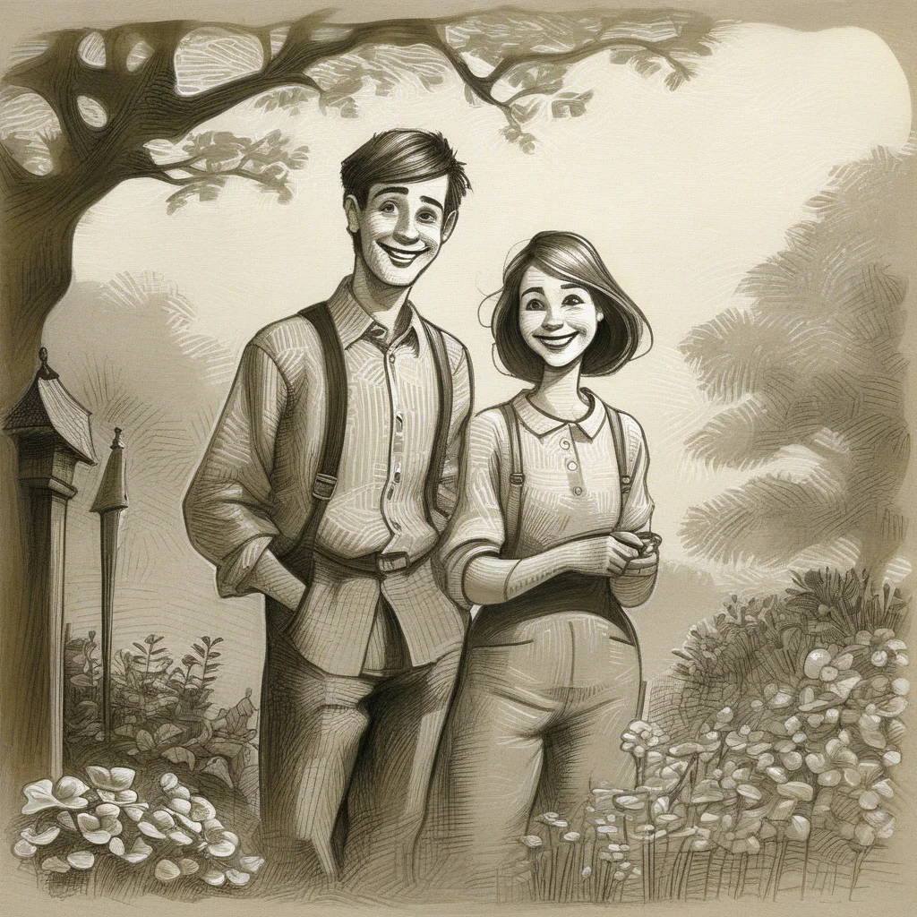 drawix5 drawing lovers, cheerful woman and young man in the garden <lora:drawix5:1>