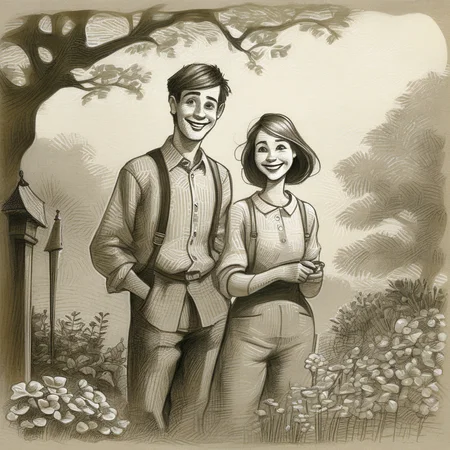 drawix5 drawing lovers, cheerful woman and young man in the garden <lora:drawix5:1>