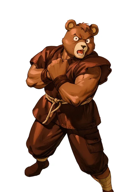 score_9, score_8, score_7, score_6, MVC2style, simple background, white background, upper body,1boy, Teddy Ruxpin, fighting stance,