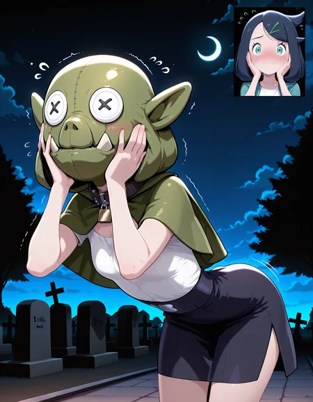 1girl,solo,
(inset:1.2),black background, comic, no mask,
blush, embarrassed,
orcish, mask, button eyes, cosplay,covered face,padlock,animal collar,covered neck,green capelet,skinny,orc, stitched, [green bag over head::0.1], 
outdoors,night,Halloween,graveyard,starry sky, crescent moon, bat \(animal\), tree, cloudy sky,
flying sweatdrops,hands on own face,trembling,
standing, bent over, leaning forward,  ,?,??,confused,from side,
masterpiece,best quality,amazing quality,very aesthetic,absurdres,newest,
<lora:reduce_wrinkles_illstriouosv0.1_ADDifT_2_in_1_v1.2:0.8>,
<lora:99coins_reverse_orcish_IL_v14_09:1.0> ,
<lora:Liko_IL:1> Liko_(Pokemon),[:black_hair, green_eyes, medium_hair:0.2], cowlick, small_breasts, hairclip, blue_jacket, white_shirt, black_skirt, yellow_bag