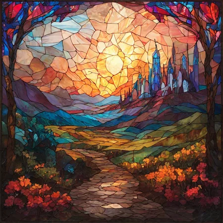 score_9, score_8_up, score_7_up, rating_questionable,score_9, score_8_up, score_7_up, BREAK Landscape,
ArsMJStyle, Stained Glass, <lora:ArsMJStylePony_-_Stained_GlassV2:0.8>