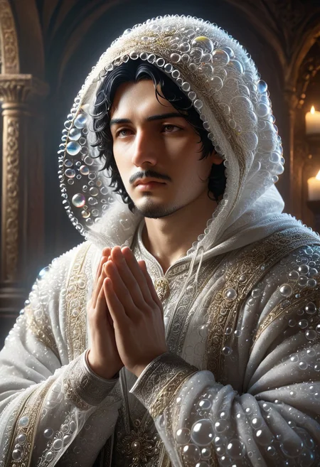 cinematic portrait, a man with hood praying statue made_of_bubbles, statue of torithor(1boy, bara, short hair, black hair, brown eyes, facial hair), intricate carvings covered with flower, dim candlelight flickering across weathered features, hyper-detailed fabric folds, volumetric fog, gothic atmosphere, 8k resolution, unreal engine 5, photorealistic, dramatic chiaroscuro lighting, bubbles, colorful bubbles