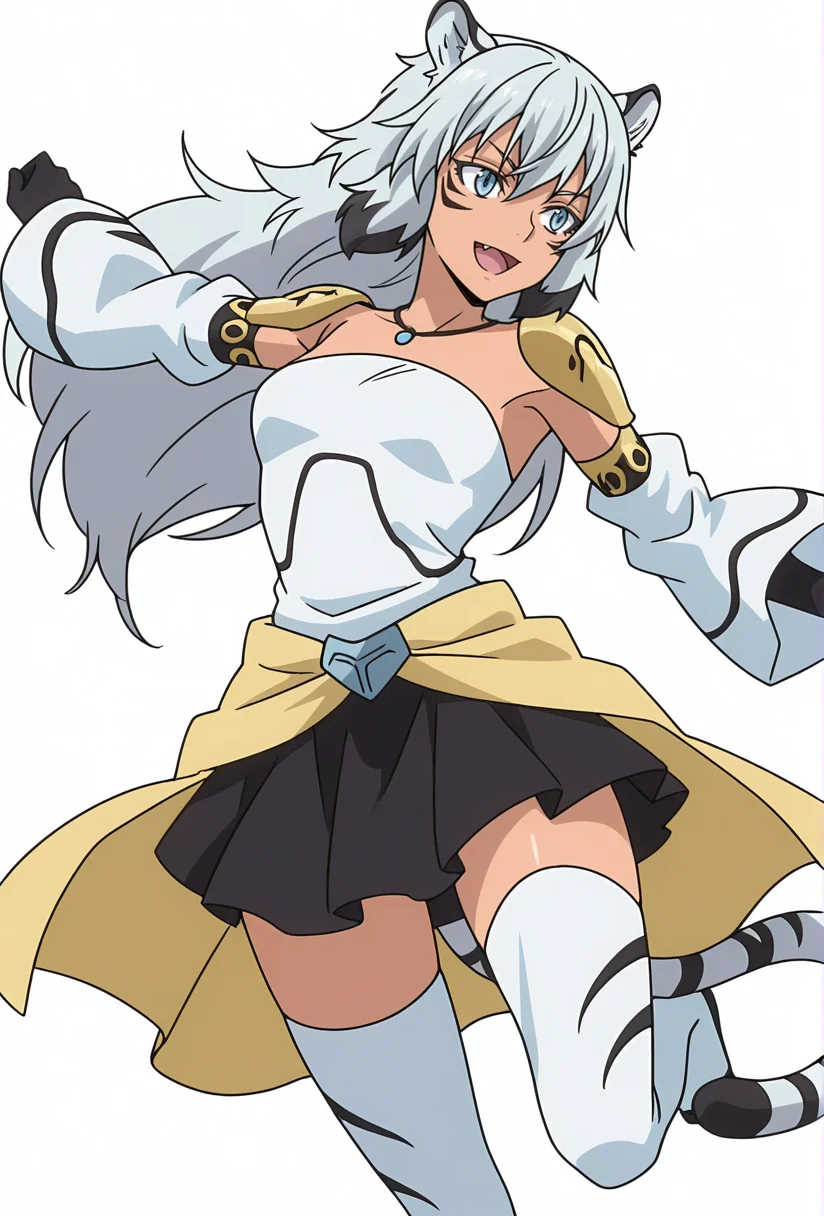 Smooth Quality,masterpiece,very intricate, high quality details, ultra realistic, high detailed skin,detailed enviorement,absurdres,
simple background, white background,solo,
front view,dancing,
aroused,
<lora:Suphia_CNR_r1:0.8> suphia_cnr, 1girl,long hair, grey hair, blue eyes,dark-skinned female, facial mark,tiger ears, tiger tail, fang,monster girl,necklace,suphia_def,black skirt, clothes around waist, detached sleeves, elbow gloves, wide sleeves, white thighhighs, zettai ryouiki,shoulder armor,