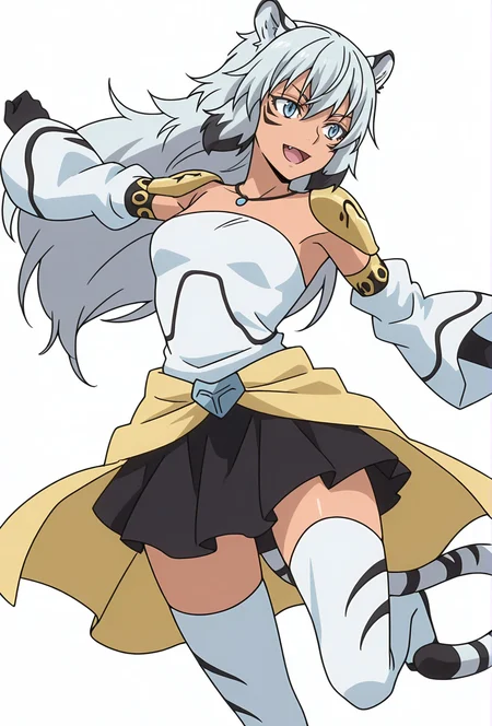 Smooth Quality,masterpiece,very intricate, high quality details, ultra realistic, high detailed skin,detailed enviorement,absurdres,
simple background, white background,solo,
front view,dancing,
aroused,
<lora:Suphia_CNR_r1:0.8> suphia_cnr, 1girl,long hair, grey hair, blue eyes,dark-skinned female, facial mark,tiger ears, tiger tail, fang,monster girl,necklace,suphia_def,black skirt, clothes around waist, detached sleeves, elbow gloves, wide sleeves, white thighhighs, zettai ryouiki,shoulder armor,