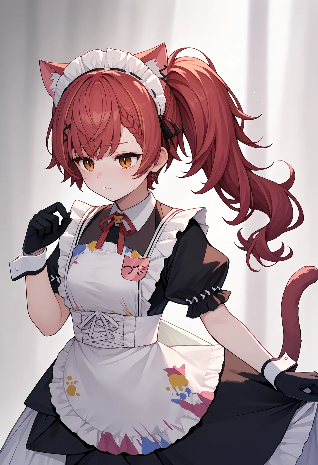 score_9, score_8_up, score_7_up, score_6_up, nekota3rd, long hair, braid, side ponytail, maid headdress, animal ears, frills, black dress, neck ribbon, white apron, maid apron, frilled apron, puffy short sleeves, wrist cuffs, black gloves, cat tail<lora:vspo_nekotatsuna_ponyXL:1> source_anime, leaning back, hungry