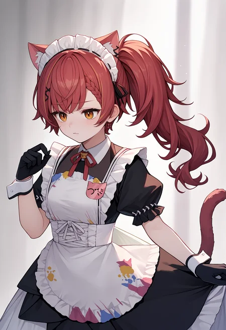 score_9, score_8_up, score_7_up, score_6_up, nekota3rd, long hair, braid, side ponytail, maid headdress, animal ears, frills, black dress, neck ribbon, white apron, maid apron, frilled apron, puffy short sleeves, wrist cuffs, black gloves, cat tail<lora:vspo_nekotatsuna_ponyXL:1> source_anime, leaning back, hungry