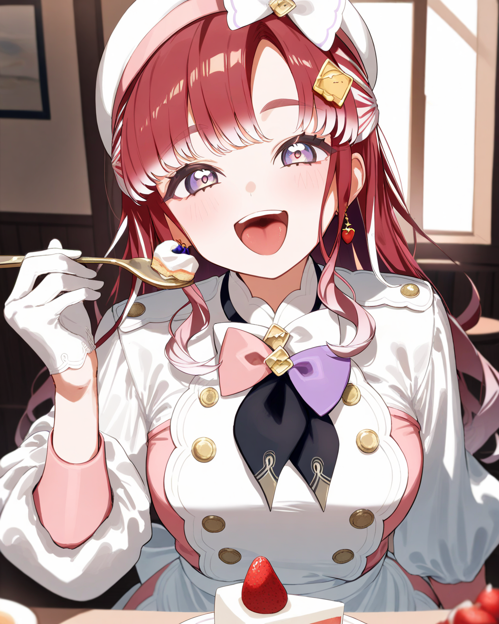 1girl,
SaotomeBerryNijisanji,
safe, solo, upper body,
eating, holding fork, cake,
arm at side,
open mouth, happy,
white headwear,
hat bows,
earrings,
hair ornament,
white jacket, black neckerchief,bowtie,
double-breasted, large breasts,
pink dress, frilled dress,
puffy sleeves, white gloves,
white apron,
table,
depth of field,
<lora:kp_SaotomeBerryNijisanji1stCostumeAnimagineXL_v1_1:1.0>,
masterpiece, high score, great score, absurdres