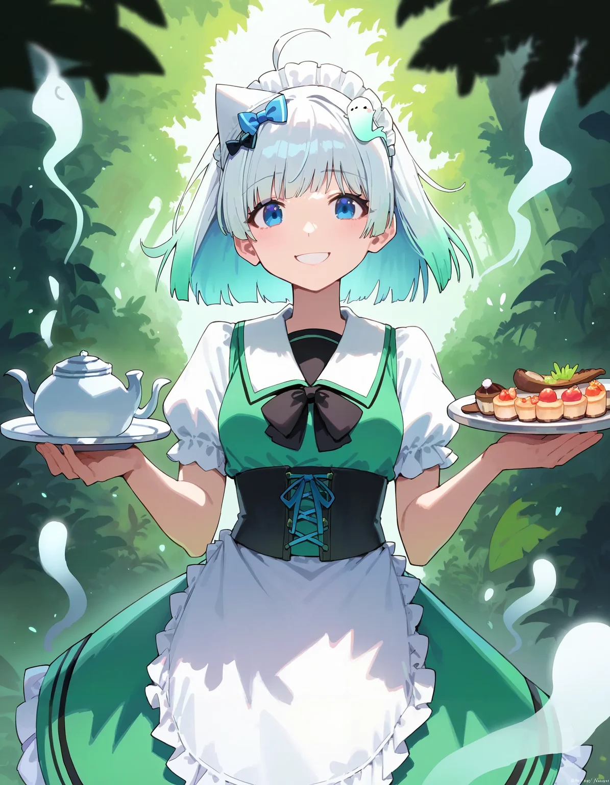 score_9, score_8_up, score_7_up,
1girl, mint fantome \(sailor\),
blue eyes, gradient hair,
maid, light particles, ghost, maid headdress, ghost hair ornament, hair bow, corset, (apron:1.0), green skirt,
jungle, fern, holding plate, orchid, dappled sunlight, looking at viewer, smile, (ghost:1.0),
best quality, masterpiece
<lora:char_mintfantome-v2-pony_1_res:1>