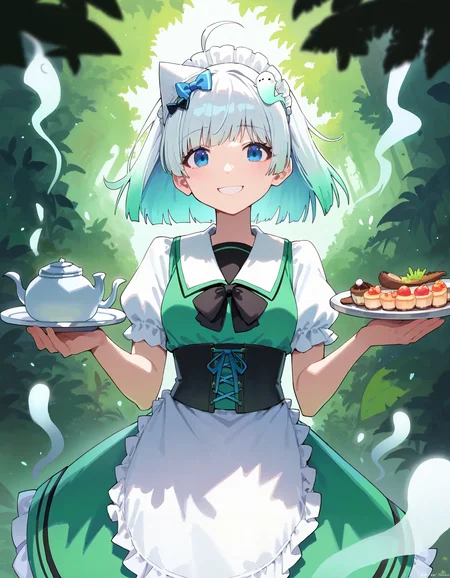 score_9, score_8_up, score_7_up,
1girl, mint fantome \(sailor\),
blue eyes, gradient hair,
maid, light particles, ghost, maid headdress, ghost hair ornament, hair bow, corset, (apron:1.0), green skirt,
jungle, fern, holding plate, orchid, dappled sunlight, looking at viewer, smile, (ghost:1.0),
best quality, masterpiece
<lora:char_mintfantome-v2-pony_1_res:1>
