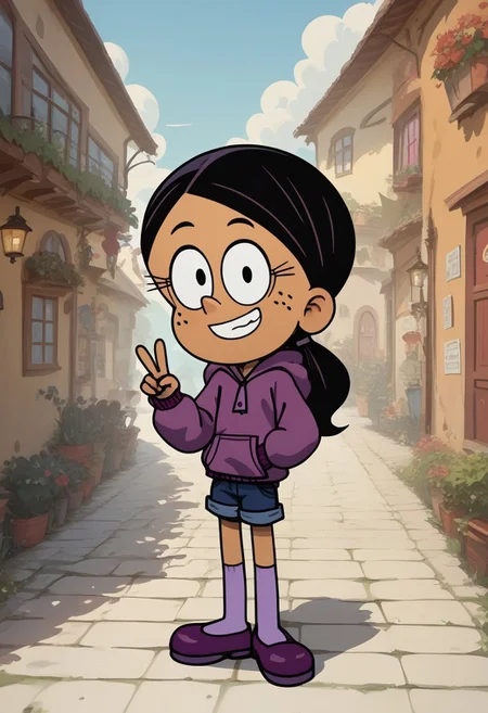 score_9, score_8_up, score_7_up, score_6_up, score_5_up, 1girl, solo,
masterpiece, best quality, absurdes,
<Lora:RonnieA:1>
Ronnie_anne, Mexican-American girl, ponytail, black hair, tan skin, freckles on cheeks,
purple hoodie, , blue jean shorts, purple thigh-highs, purple flat shoes,,
grin, smile,mouth closed,V sigh,
outdoors, looking at viewer, 3/4 angle,
<lora:Expressive_H:0.7> Expressiveh,
<lora:add-detail-xl:0.9>
<lora:light:1> neolight
