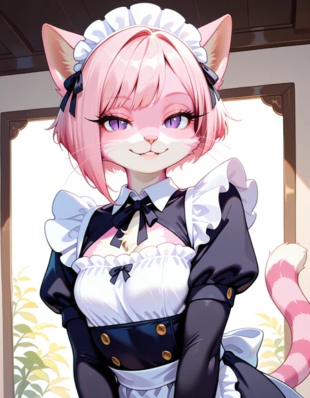masterpiece, best quality, very aesthetic, absurdres,
indoors, maid,
upper body, posing,
seductive smile, parted lips, long eyelashes,
<lora:CiviChan_v01_NAIXL:1>
CiviChan,1girl,solo,furry,furry female,cat girl,cat ears,short hair,pink hair,purple eyes,slit pupils,snout,animal nose,whiskers,body fur,striped tail,