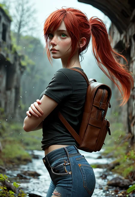 score_9, score_8_up, score_7_up, 1woman, Masterpiece, 4k, ultra high detail, 21yo, small_breast_size, long red ponytail hair, fcNeg, stunning green eyes, freckles, white skin, small nose, innocent beauty, slim cute face, skinny body, red hair, adult woman,
Alerted look, dry tears, dirty clothes, dirty face,
particles,
Dark sky with stormclouds, ash, falling Ash like dark snow, ruins, wasteland, cityruins, lightly torn dark gamer_shirt, heavy_torn_dirty_skinny_jeans, dirty_clothes, used_camping_backpack,
End of the World,
negative_hand, NightScapes, ng_deepnegative_v1_75t, green eyes, perfecteyes,