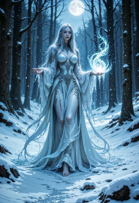 In a frigid, enchanted forest, a frost enchantress moves gracefully through the frozen landscape. Her skin shimmers like ice, and her long, silvery-blue hair trails behind her like a frozen river. She wears a gown made of frost and icicles that glimmer in the faint moonlight. In her hands, she conjures a swirling snowstorm that seems to have a life of its own. The atmosphere is cold, eerie, and ethereal, with snowflakes gently falling, captured in a soft focus, highlighting the intricate details of her icy magic.