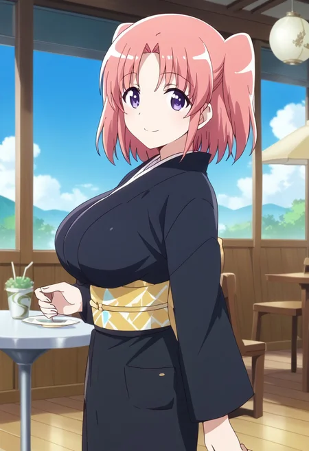 (score_9:0.9),score_8_up,score_7_up,rating_safe,anime style,(zPDXL),masterpiece, anime coloring) rating_safe, anime style, anime_screencap, source_anime,
BREAK source_anime, anime, best quality, masterpiece, rating_safe, uncensored, High quality, 8k, Ultra, Expressiveh,
BREAK (Cafe, cafe terrace, sunny weather, clouds, sun),
BREAK  1girl, kobeni, 
tomesode,black kimono,obi,
BREAK  ((cowboy shot)),(standing),(from front),
busty breasts,(large breasts:1.2),looking at viewer,smile,