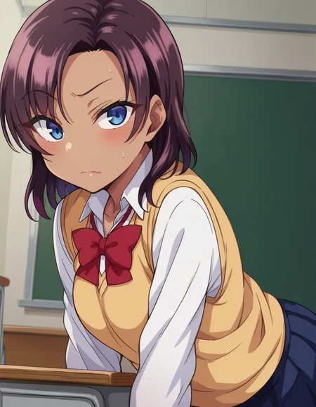 score_9, score_8_up, score_7_up, source_anime,
saehinata, <lora:sae-hinata-ponyxl-lora-nochekaiser:1>
sae hinata, blue eyes, purple hair, dark skin, dark-skinned female,
shirt, bow, school uniform, white shirt, collared shirt, bowtie, red bow, sweater vest, brown sweater, skirt, blue skirt,
indoors, classroom, bent over,
looking at viewer, dutch angle, cowboy shot,
