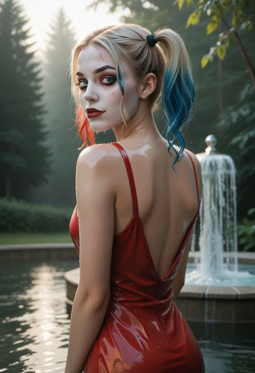 score_9, score_8_up, score_7_up,1girl,Harley Quinn sexy, upper body, back, looking at viewer, self-hugging, wet sexy dress, parted lips, in water, small water fountain, in the middle of the forest, fog, morning,