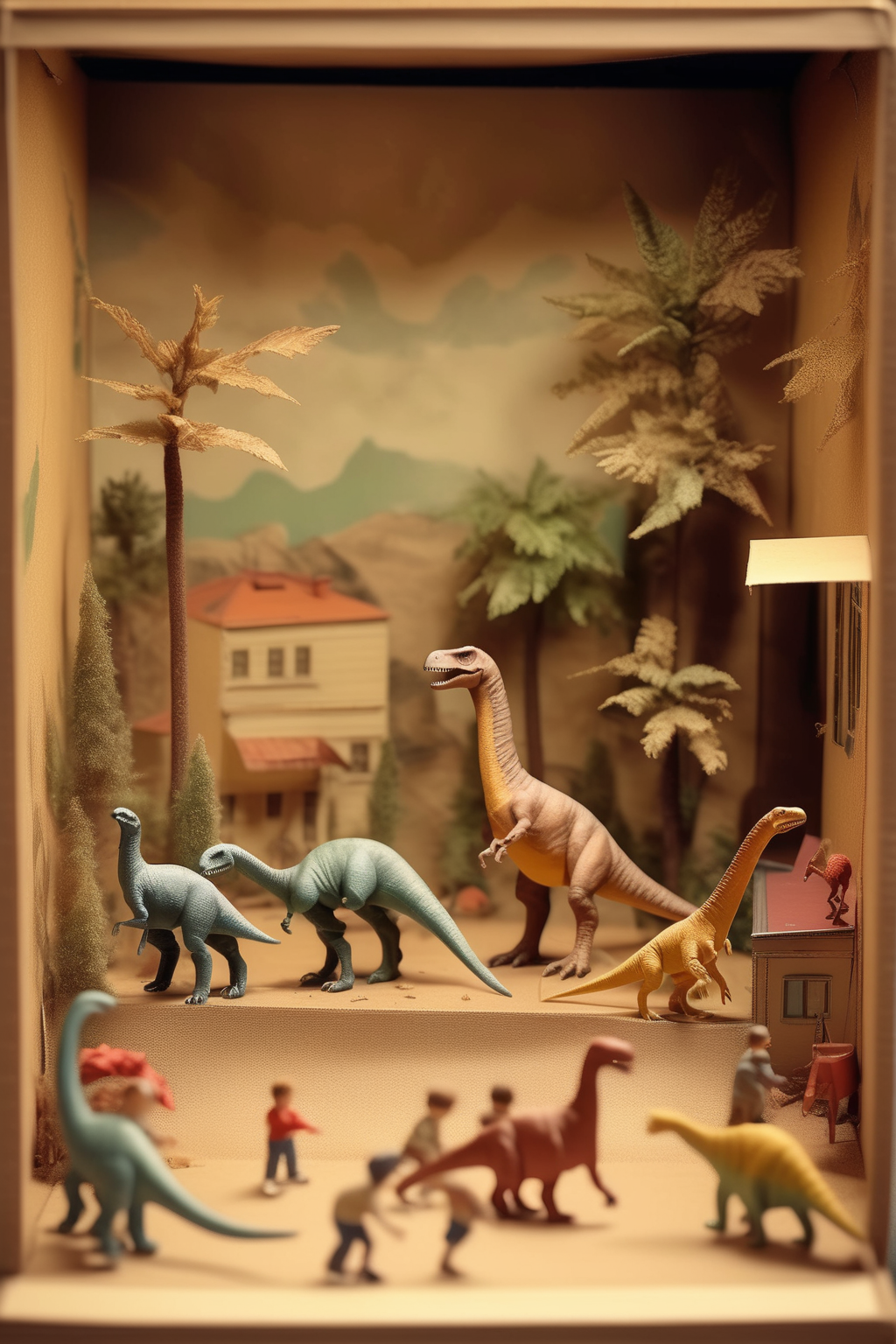<lora:Diorama:1>Diorama - a nostalgic childhood diorama of a dinosaur scene. Made in a shoebox. Old photograph style