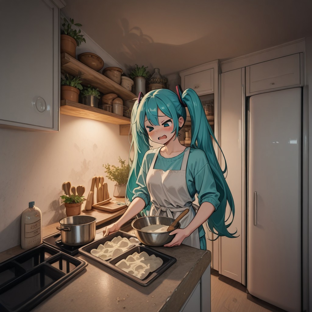 1girl, hatsune miku, loungewear, apron, casual wear, standing, shocking, awkward, working hard, >_<,
c0zym0dernkitch3n, modern kitchen, wooden open shelves, baking, mixing bowl with batter, rolling pin, flour scattered on the countertop, baking tray, kitchen utensils, white refrigerator, potted plants on the countertop, warm ambient lighting, cozy atmosphere, flour pounder floating everywhere, messy countertop, flour  leak on countertop, a lot of baking tools on countertop, dirty countertop, Ingredients everywhere,  eye-level angle
 , detailed background, great lighting, 
masterpiece, best quality, newest, absurdres, highres, high quality, highly detailed