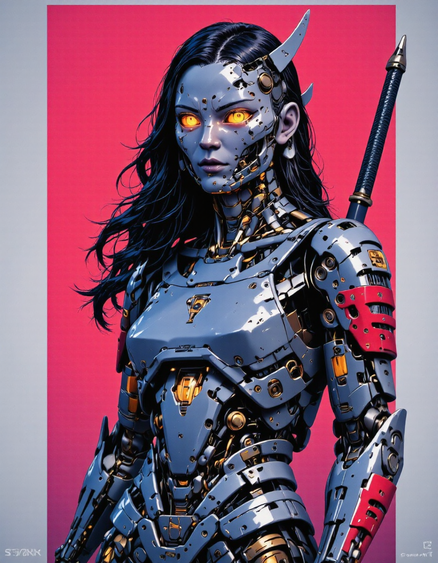 Inkpunk Anime, cyberpunk robot samurai woman, robot face with mirrored face shield, hyperdetailed helmet, flowing black hair, reflective black and red armor, robot joints, body made of metals, cables and wires, a katana strapped to her back, abstract colour gradient background
<lora:tost-2024-10-14-22-58-59-c7ay1fy:1> <lora:flux_train_replicate:1>  <lora:CPA:1> <lora:FluxRoboStyle:1>