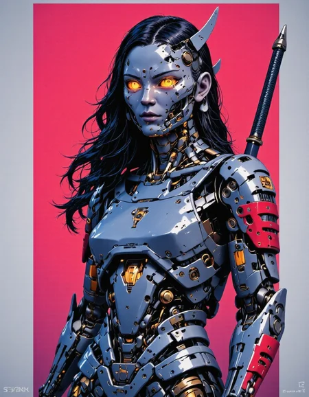Inkpunk Anime, cyberpunk robot samurai woman, robot face with mirrored face shield, hyperdetailed helmet, flowing black hair, reflective black and red armor, robot joints, body made of metals, cables and wires, a katana strapped to her back, abstract colour gradient background
<lora:tost-2024-10-14-22-58-59-c7ay1fy:1> <lora:flux_train_replicate:1> <lora:CPA:1> <lora:FluxRoboStyle:1>