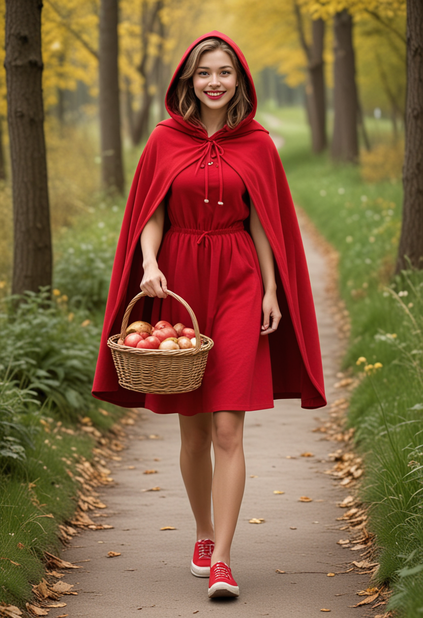(medium full shot) of (kind-hearted red riding hood) young woman, swedish, tan skin, light brown eyes, Medium build, short hazel ponytail hair, wearing a red hooded cape, short red dress , practical walking shoes, red lipstick, carrying a decorative basket, set in  , woman smiling, Masterpiece,best quality, photo, realistic, very aesthetic, detailed face,