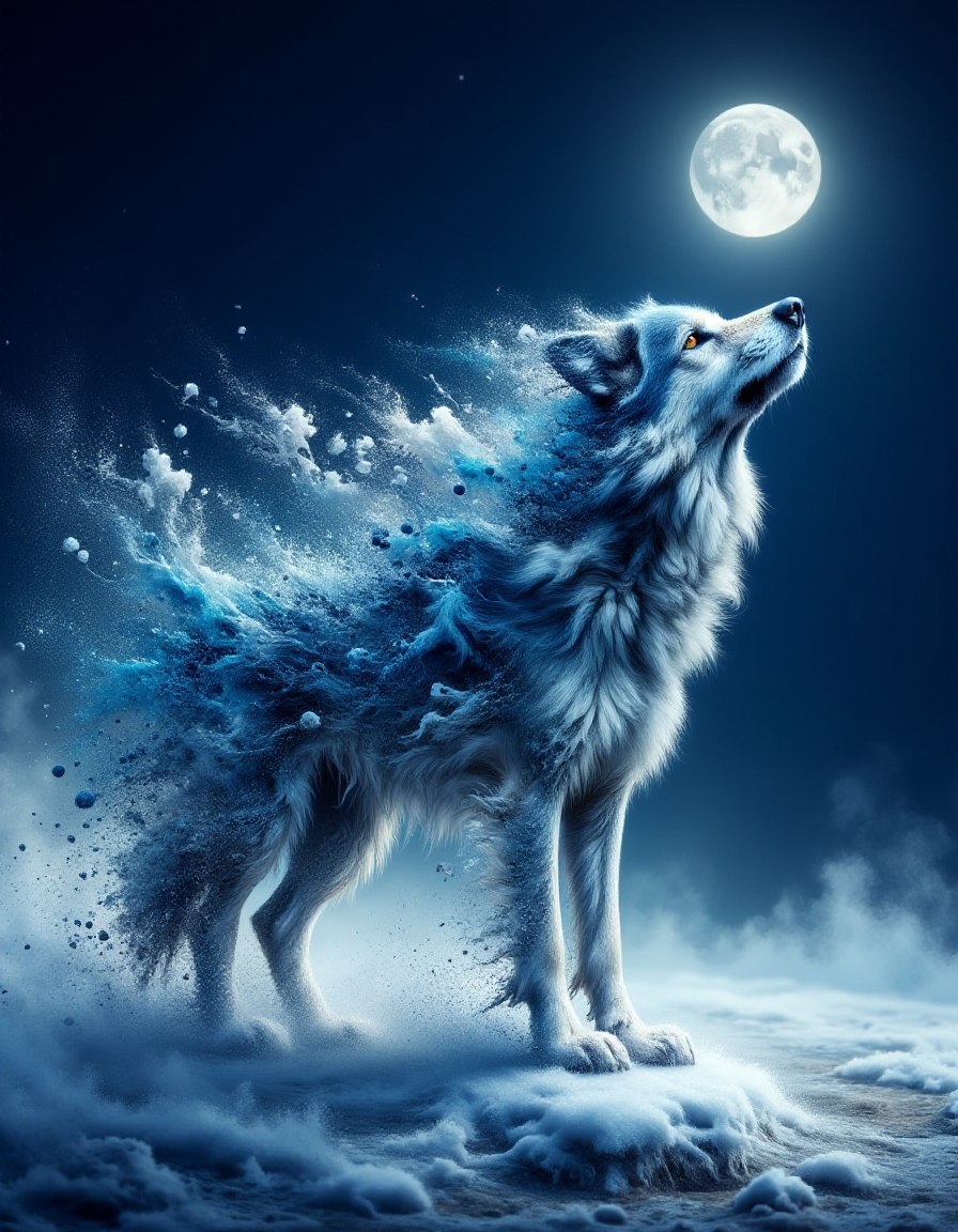 A lone wolf howling on a snow-covered hill, depicted in a ral-dissolve effect under the pale light of a full moon. The fur along its back begins to fragment into icy blue particles that glimmer like frost as they scatter into the night. The disintegration flows outward in soft, swirling motions, blending with the snowy mist rising from the ground. The wolfâs intense yellow eyes pierce through the darkness, standing out amidst the serene chaos of its unraveling.
 <lora:ral-dissolve-flux_000005000:1>