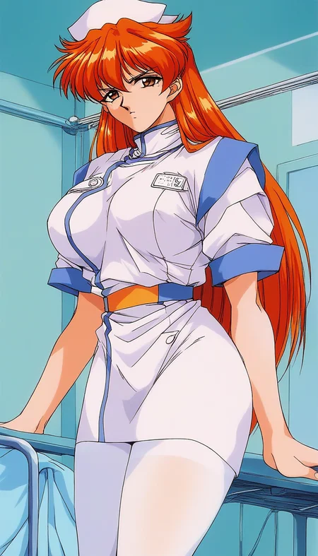 score_9, score_8_up, score_7_up, source_anime, rating_explicit, BREAK <lora:Nogiwa_Miho_OVA_XL:1>Nogiwa_Miho_OVA, long hair, orange hair, bangs, brown eyes, large breasts, 1990s (style)
1girl, solo, nurse, hat, pantyhose,  nurse cap, serious, hospital room,
looking at viewer, white pantyhose, belt, short sleeves,